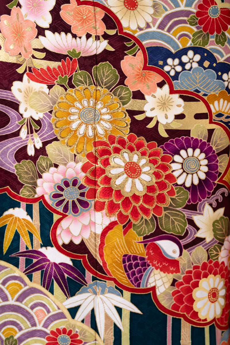 緑地 古典柄 正絹振袖【133】