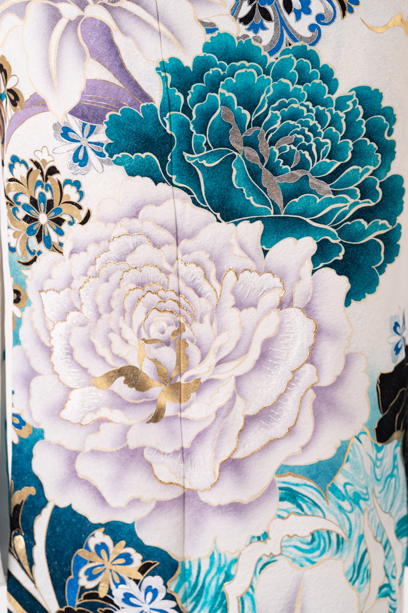 白地 青 水色 薔薇 正絹振袖【143】