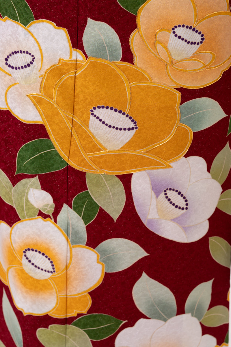 エンジ 椿柄 正絹振袖【162】