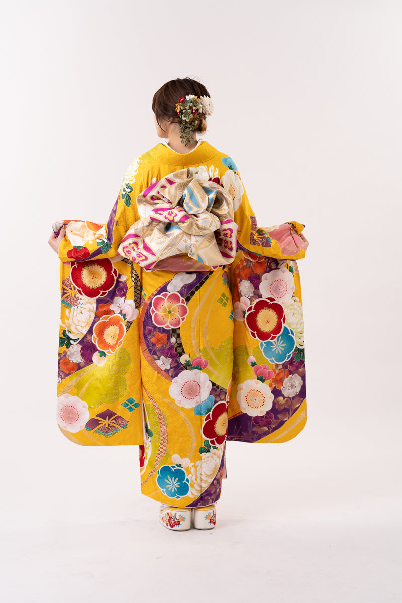 黄色 カラフル花々 正絹振袖【180】