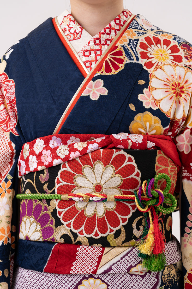 紺 相良刺繍 正絹振袖【181】