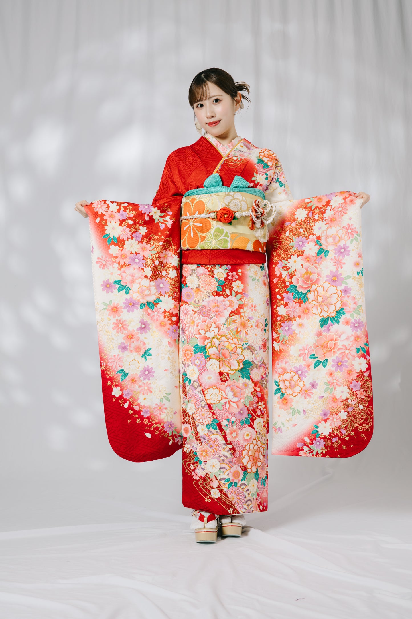 赤地 牡丹 桜 正絹振袖【525】+ショール