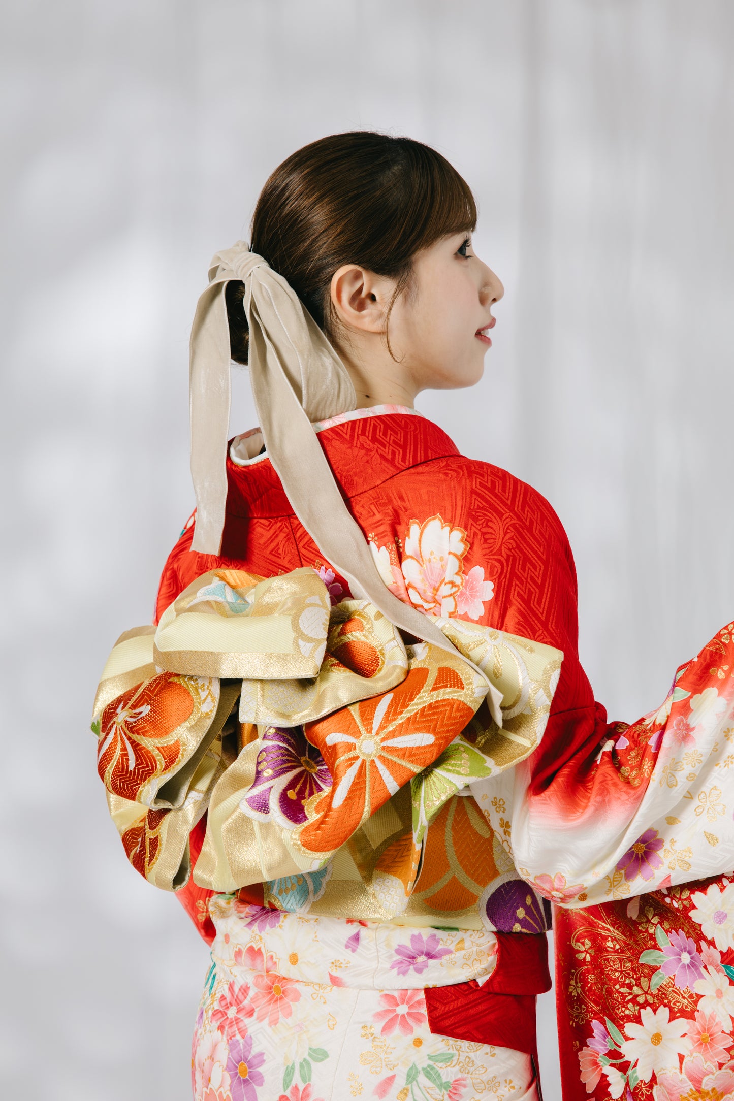赤地 牡丹 桜 正絹振袖【525】+ショール