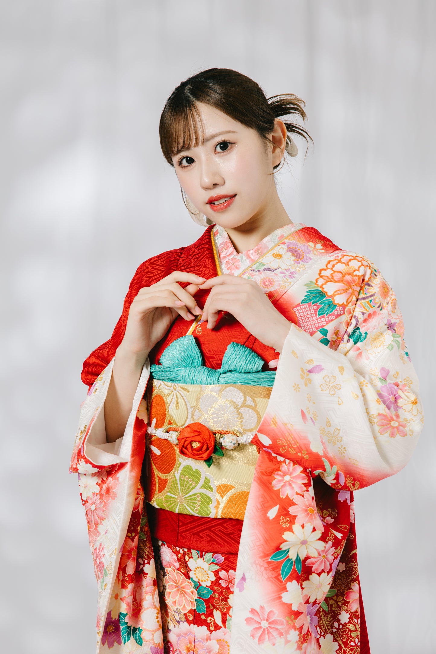赤地 牡丹 桜 正絹振袖【525】+ショール