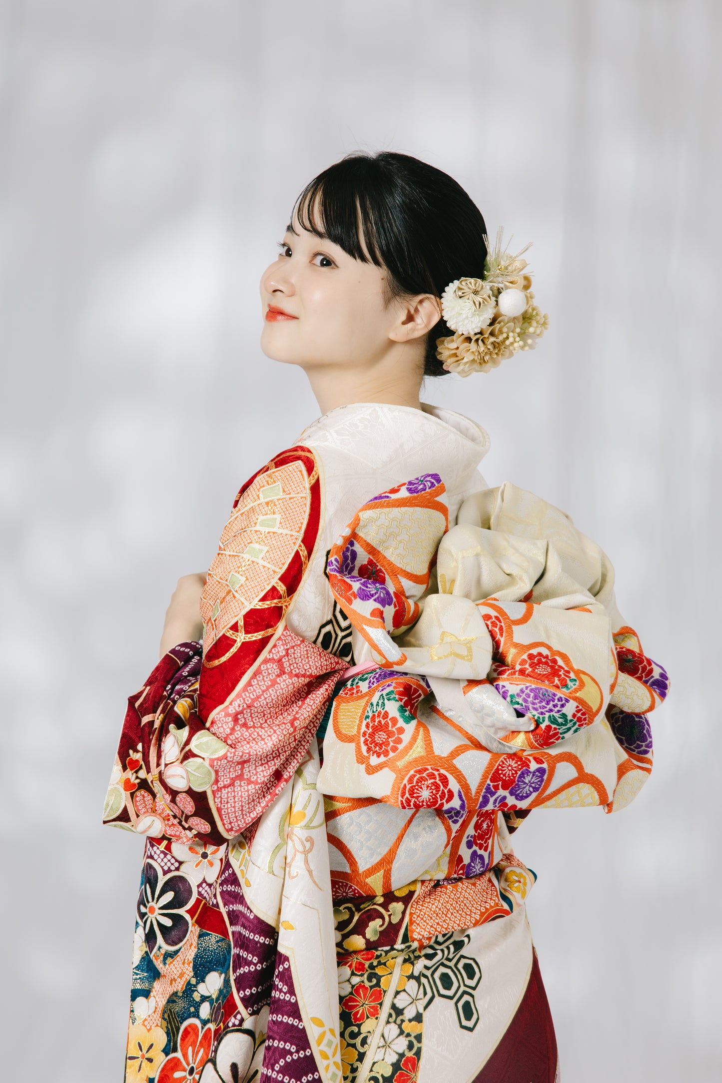 白地 鶴 松 桜 正絹振袖【510】