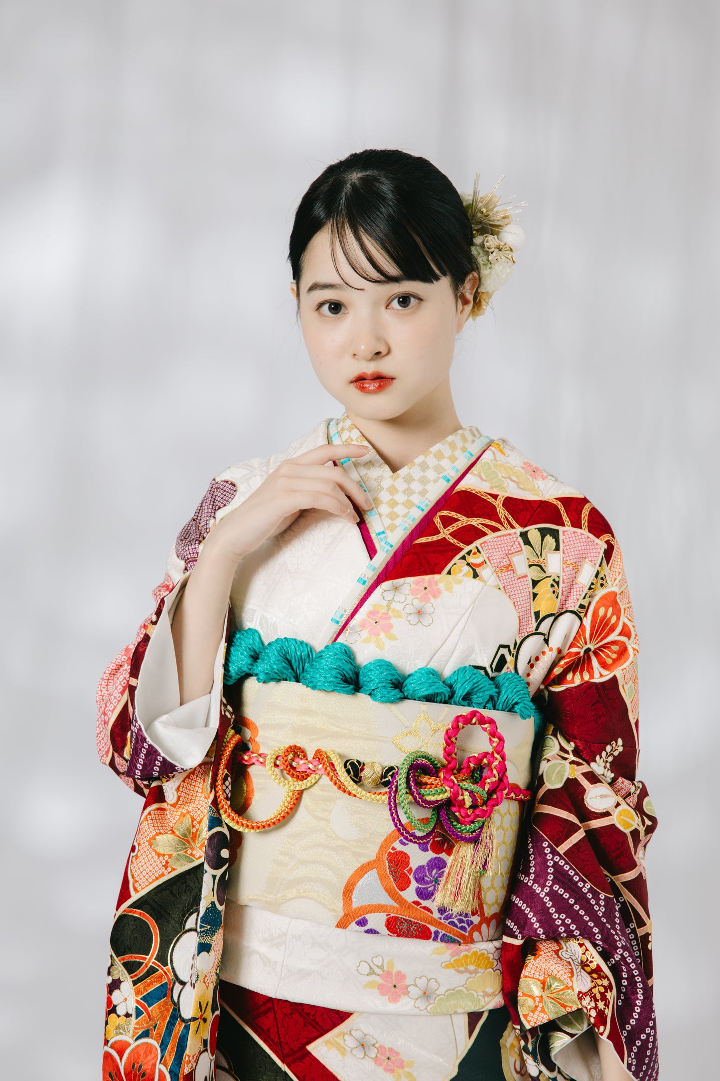 白地 鶴 松 桜 正絹振袖【510】