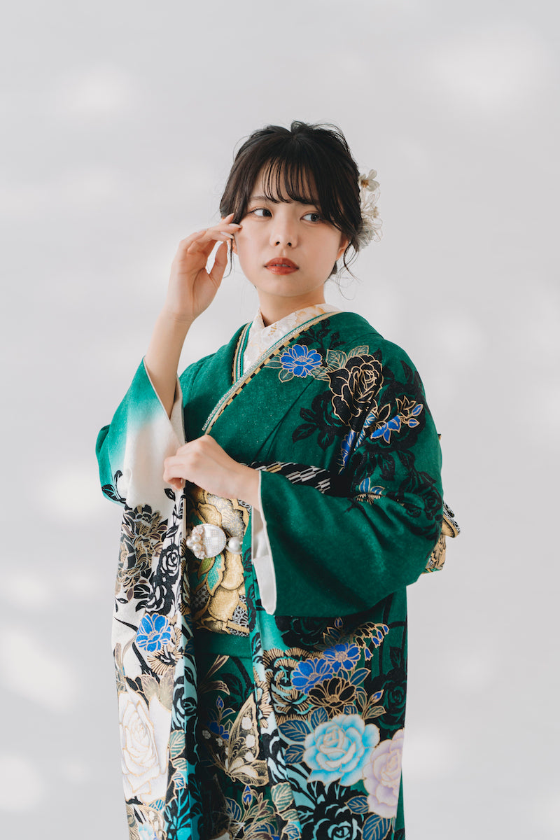 緑地 金彩加工バラ柄 正絹振袖【263】