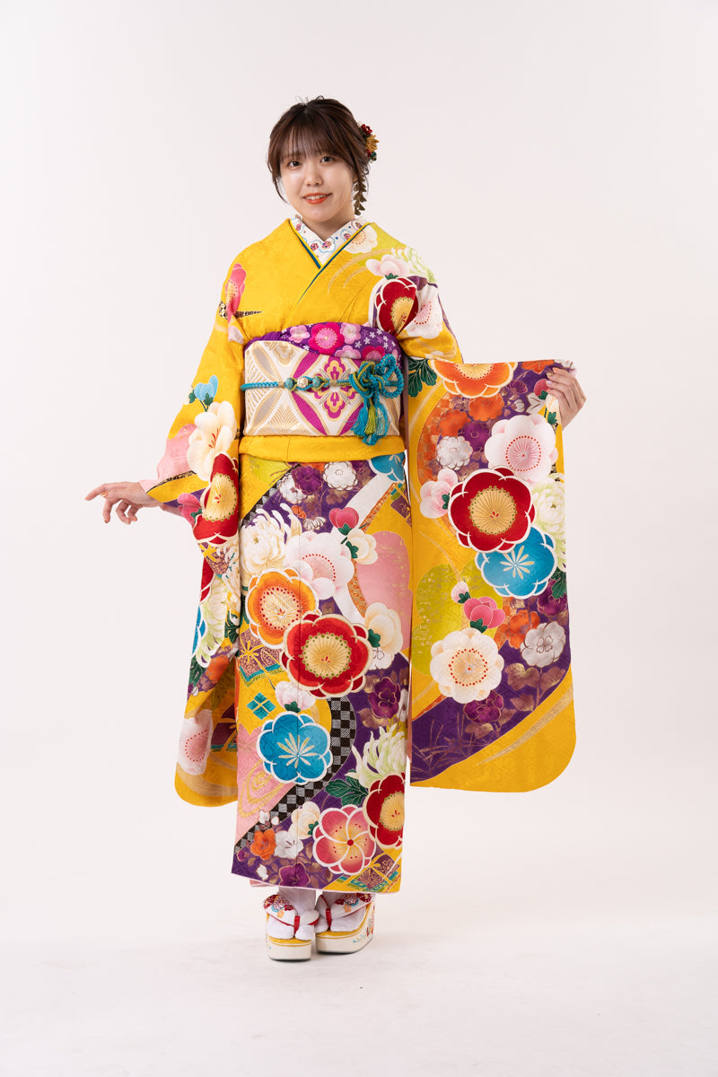 黄色 カラフル花々 正絹振袖【180】
