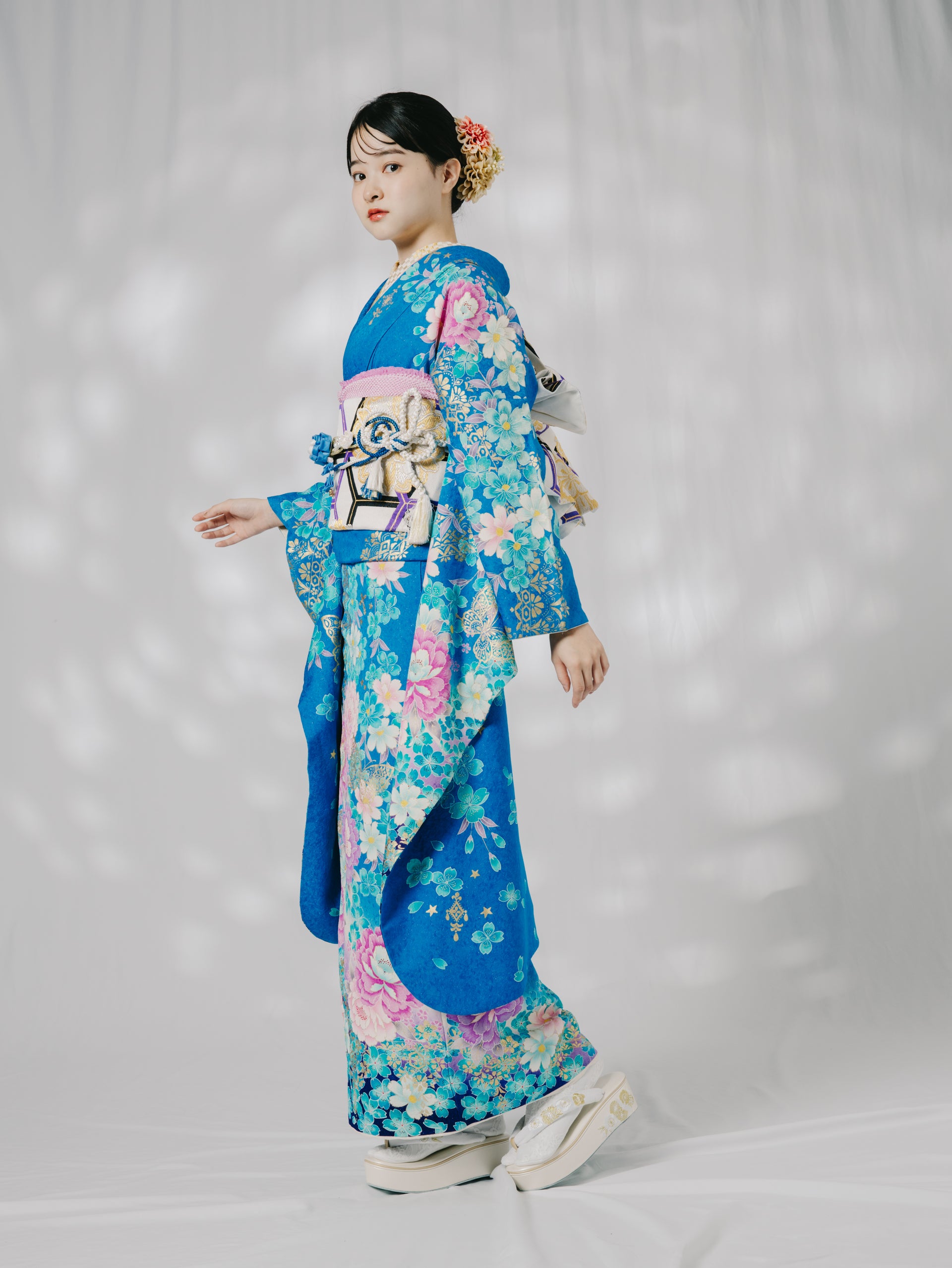 振袖 正絹 青 やじろ 碧 藍色 花 牡丹彼岸花蝶々菊 5点セット 24-
