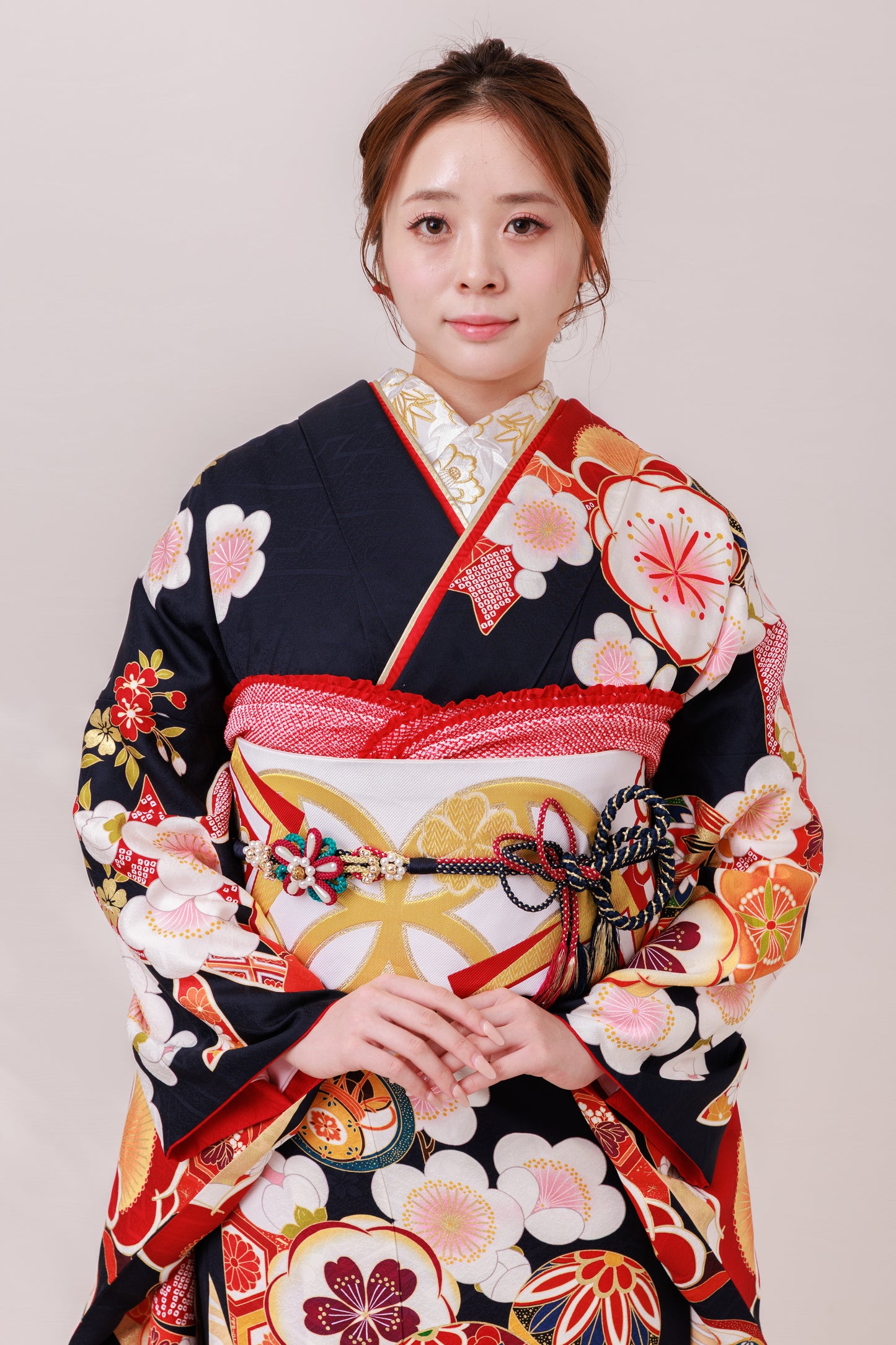 紺地　梅　レトロポップ　正絹振袖【876】