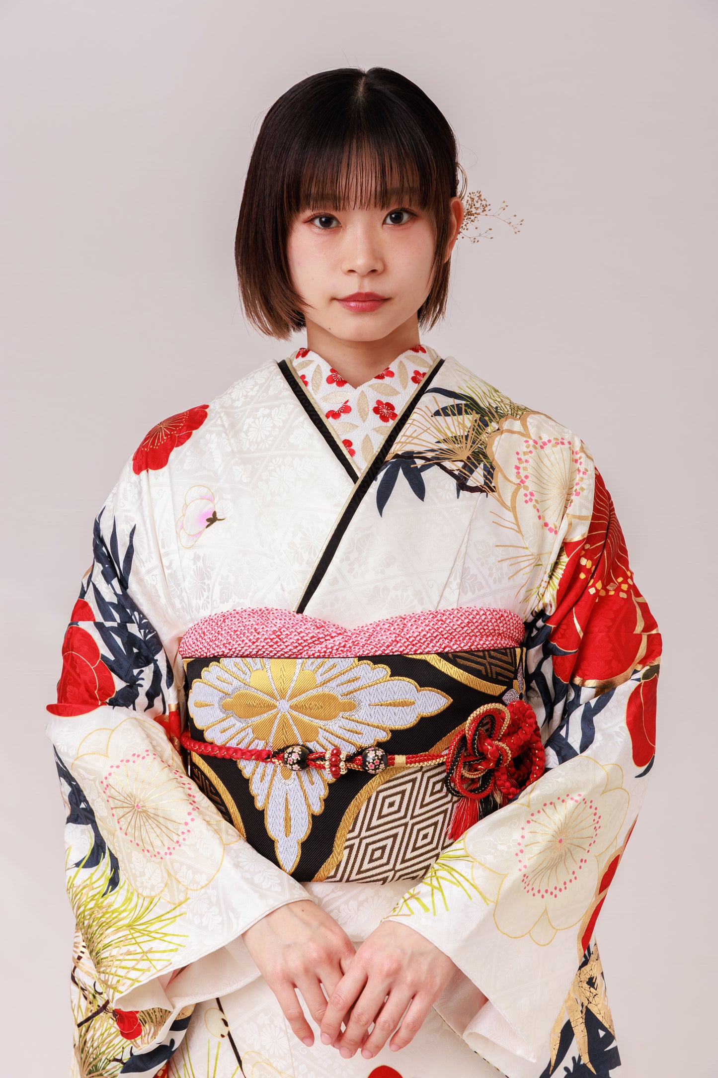 白地　赤白梅　正絹振袖【859】