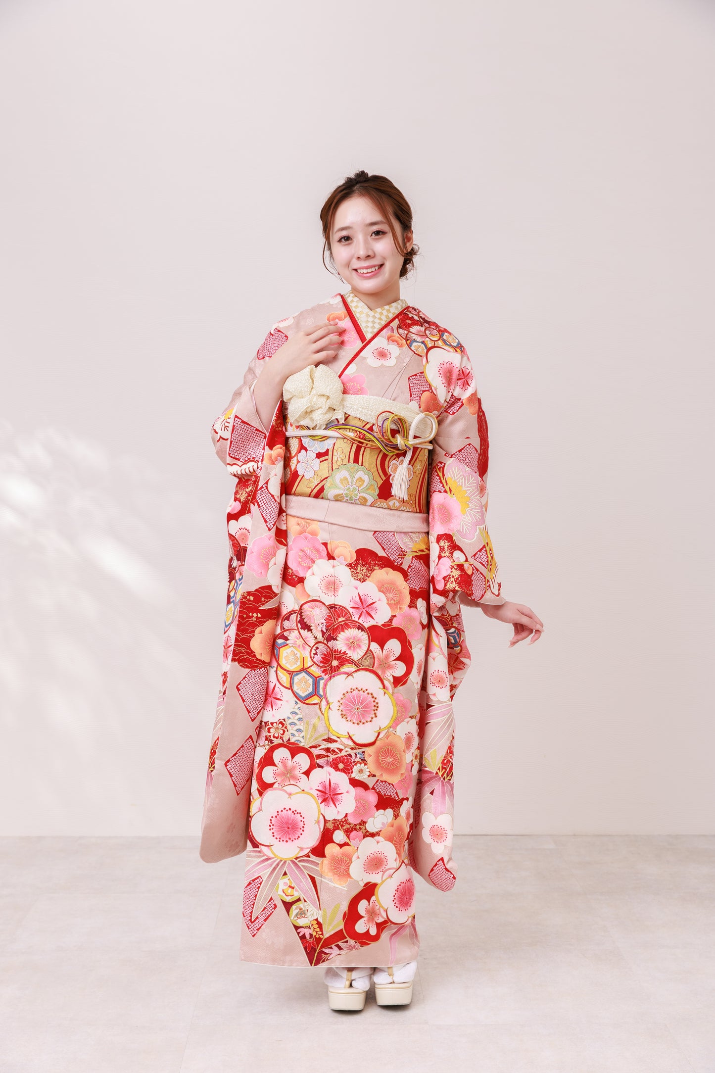 くすみピンク　梅　正絹振袖【878】