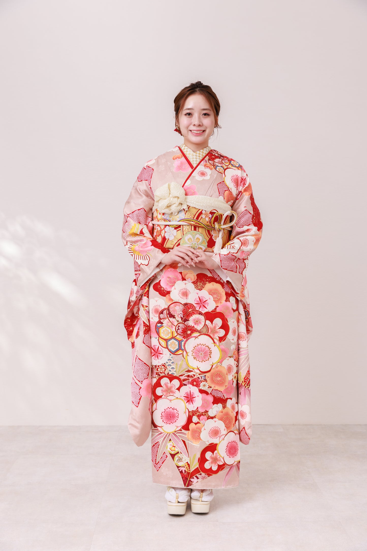 くすみピンク　梅　正絹振袖【878】