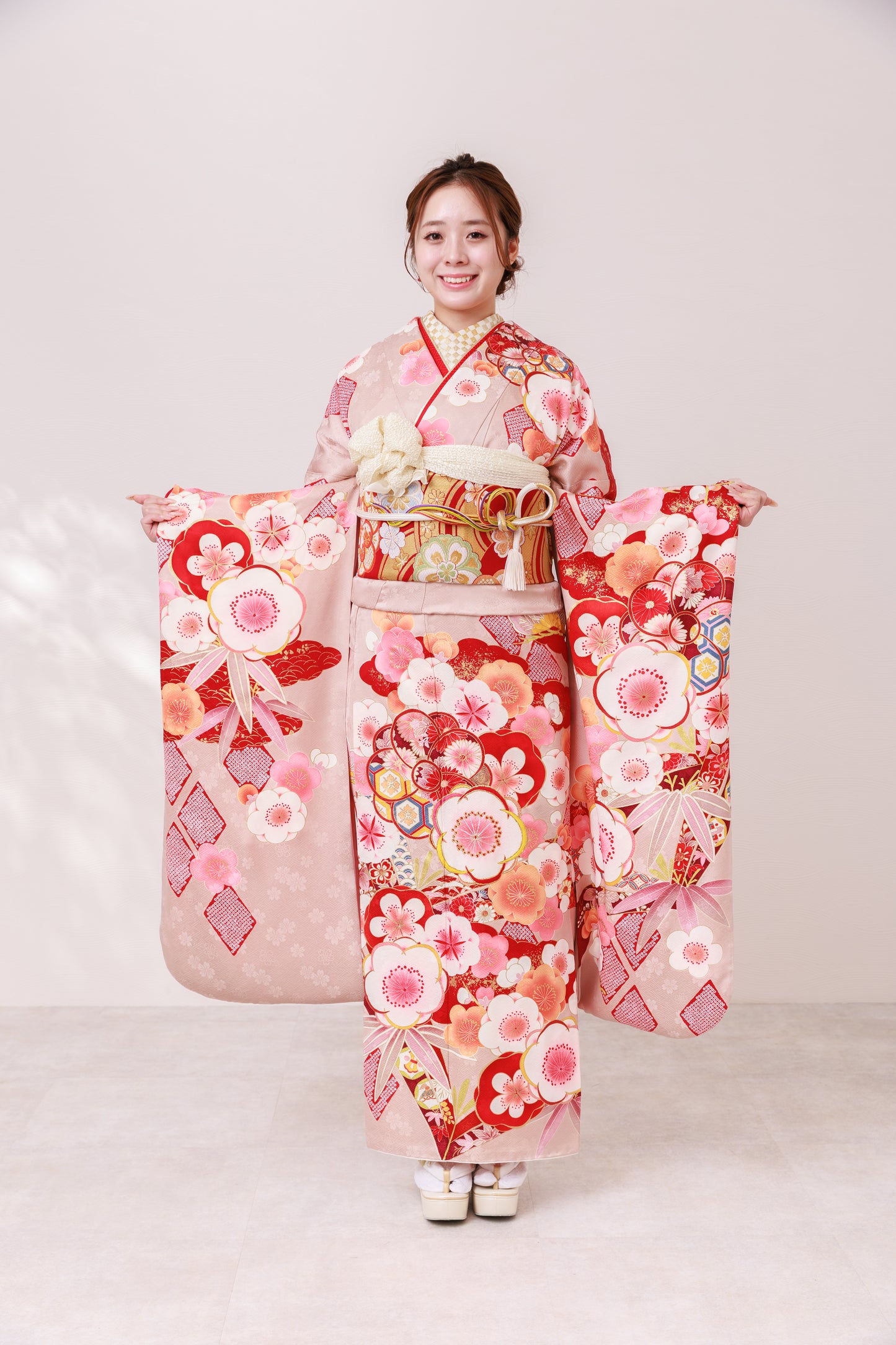 くすみピンク　梅　正絹振袖【878】