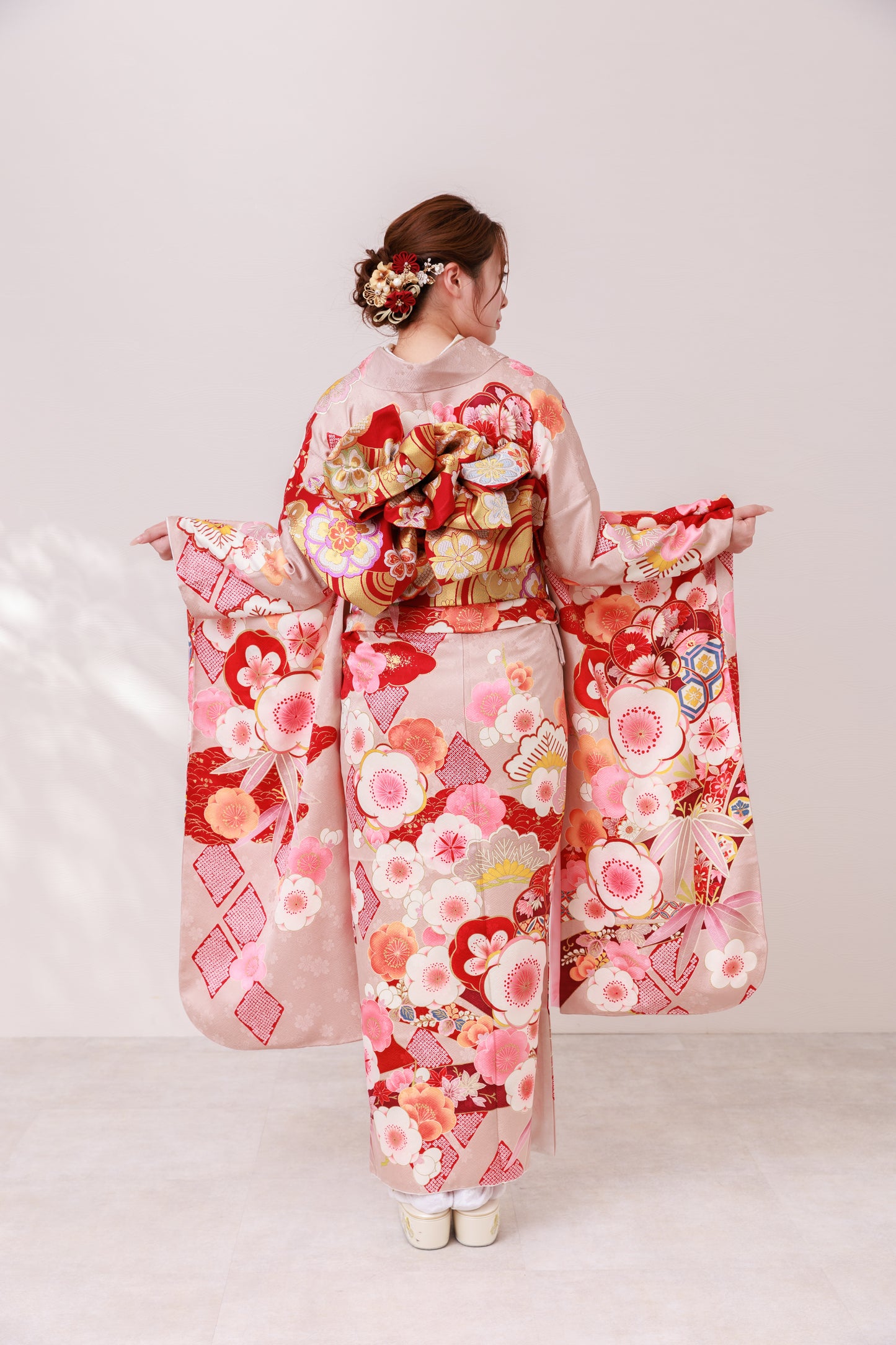 くすみピンク　梅　正絹振袖【878】