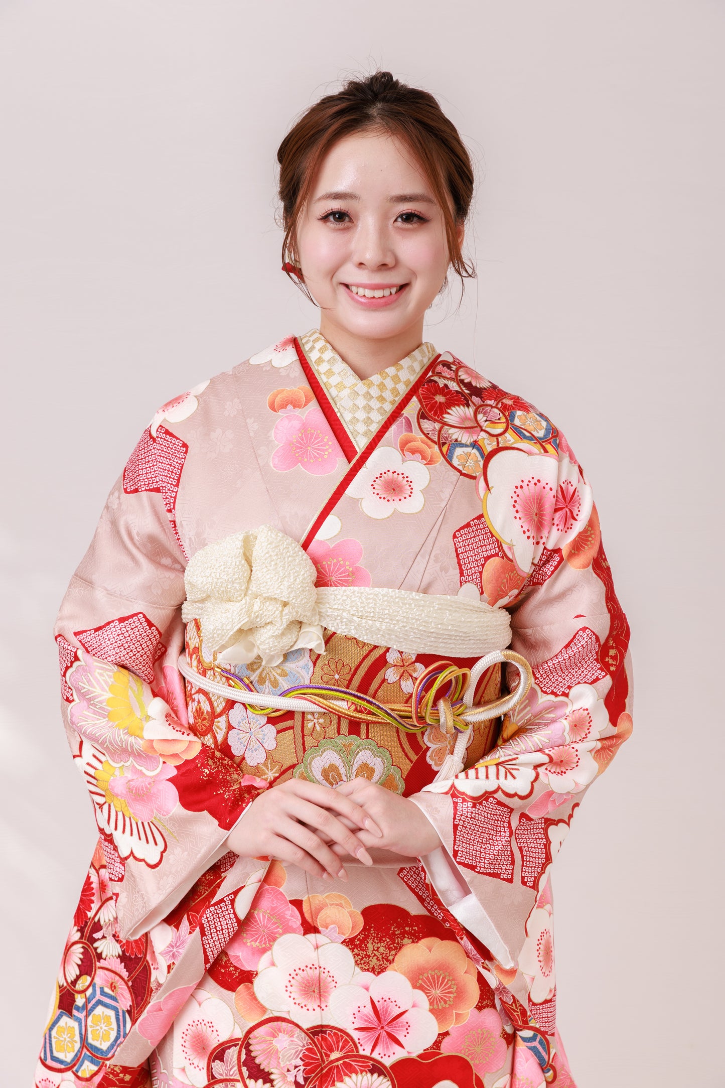 くすみピンク　梅　正絹振袖【878】