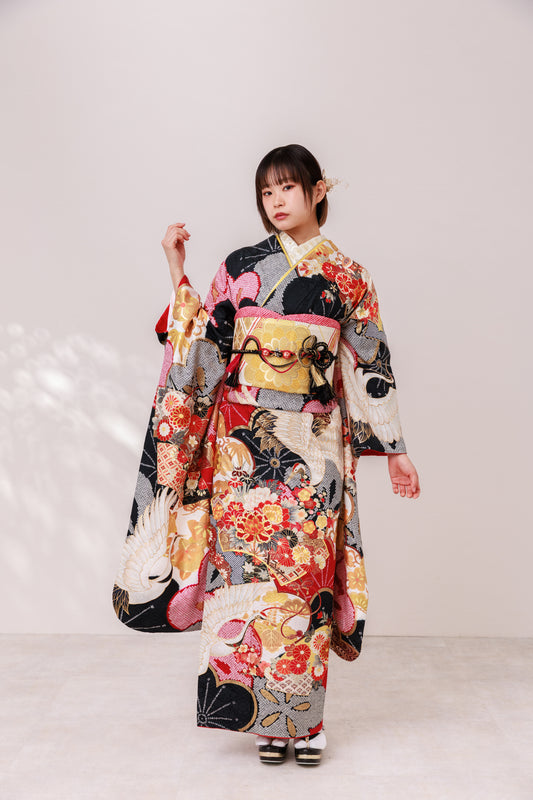 赤黒　鶴　菊　正絹振袖【866】