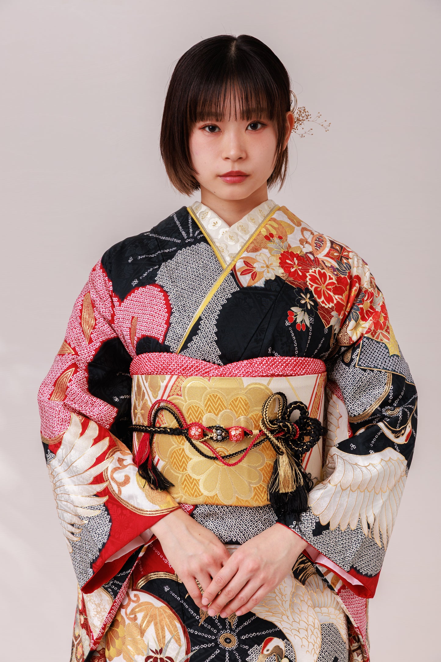 赤黒　鶴　菊　正絹振袖【866】