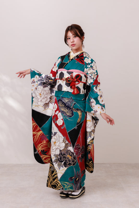 青緑　黒白牡丹　正絹振袖【888】