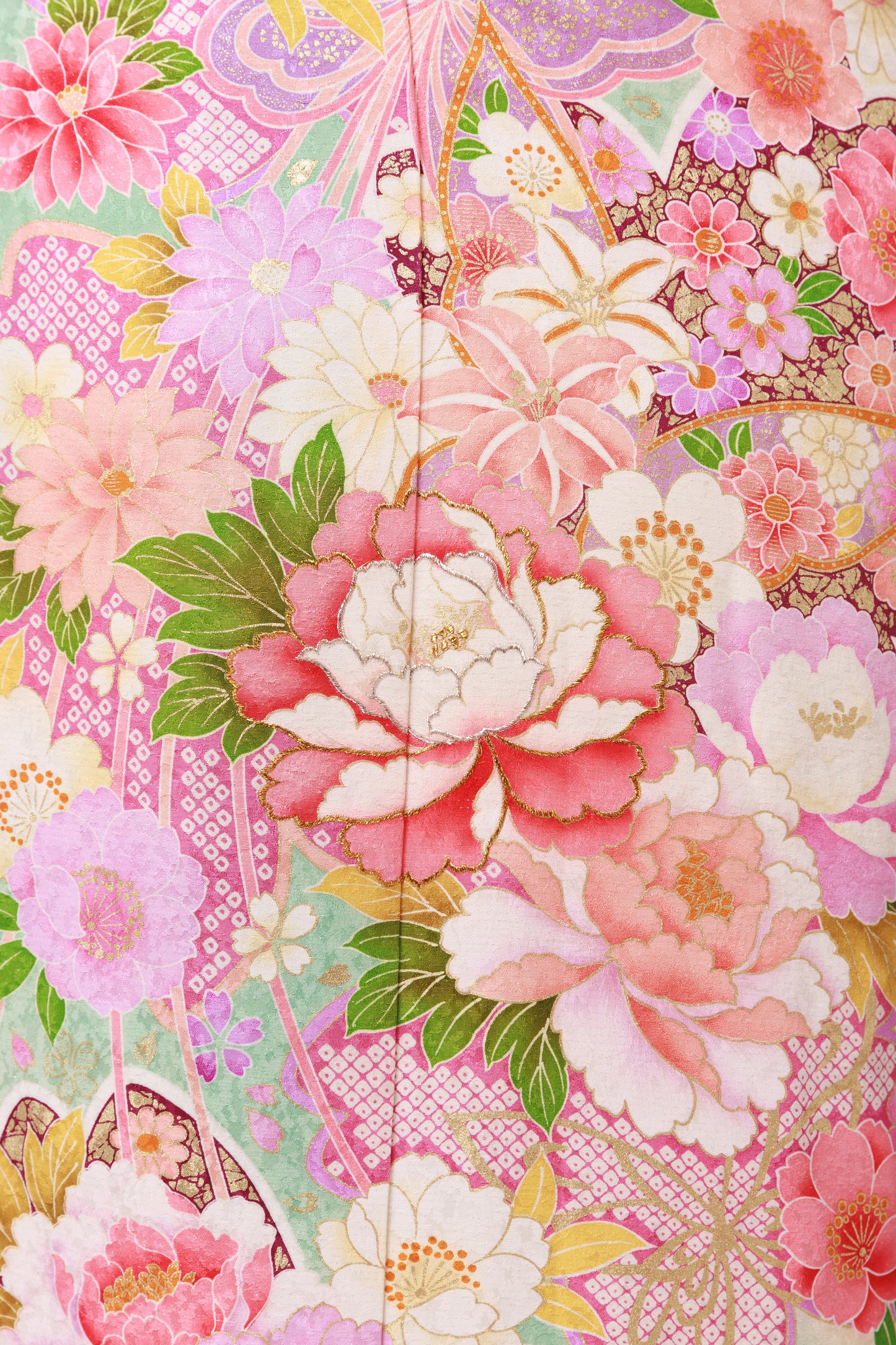 パステルグリーン　牡丹・菊・桜　正絹振袖【867】