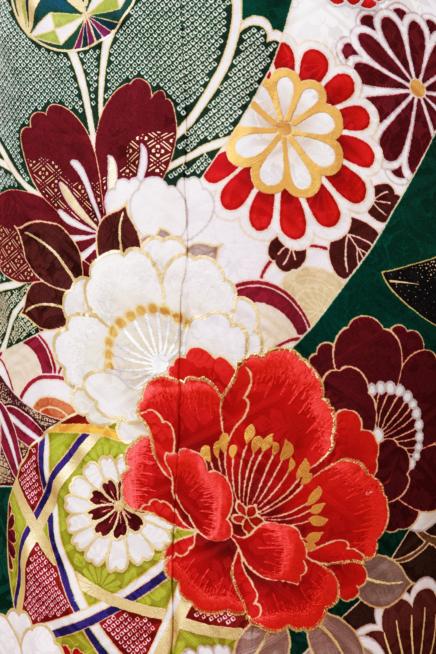 深緑地　赤白牡丹　正絹振袖【883】