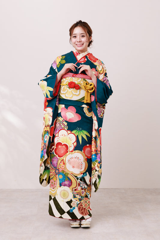青緑　梅　レトロポップ　正絹振袖【865】