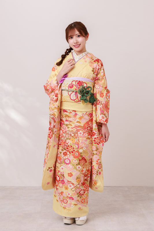 クリーム地　牡丹貝桶　正絹振袖【875】