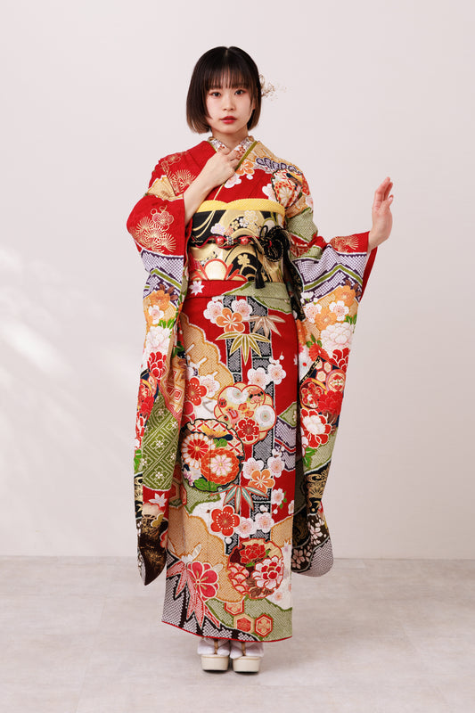 赤地　丸菊・梅　正絹振袖【890】