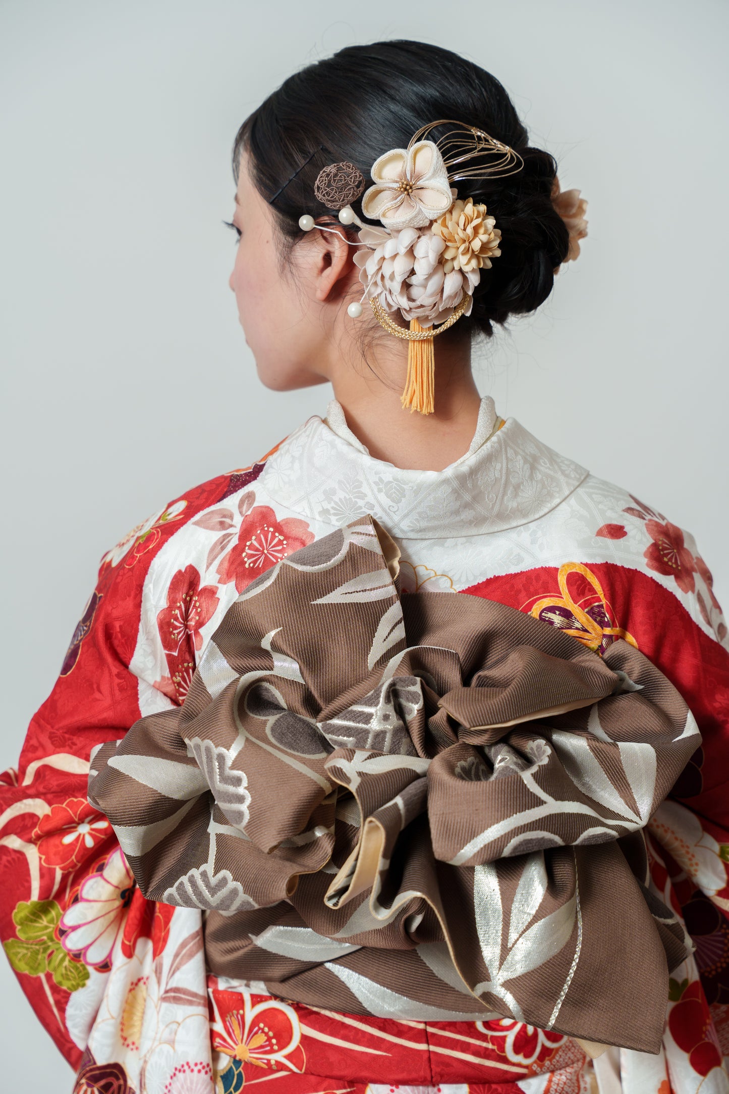 白赤染め分け　菊　正絹振袖【895】