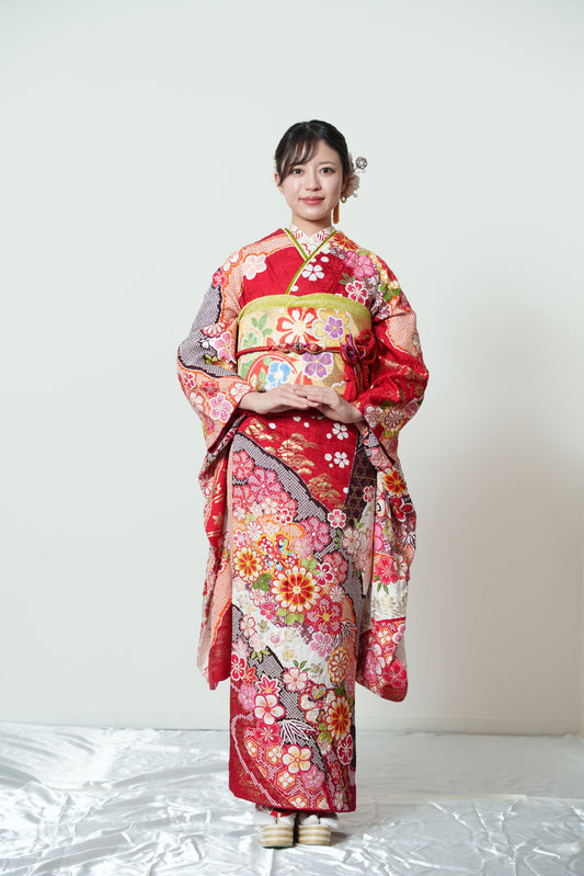赤地　絞り菊　正絹振袖【894】