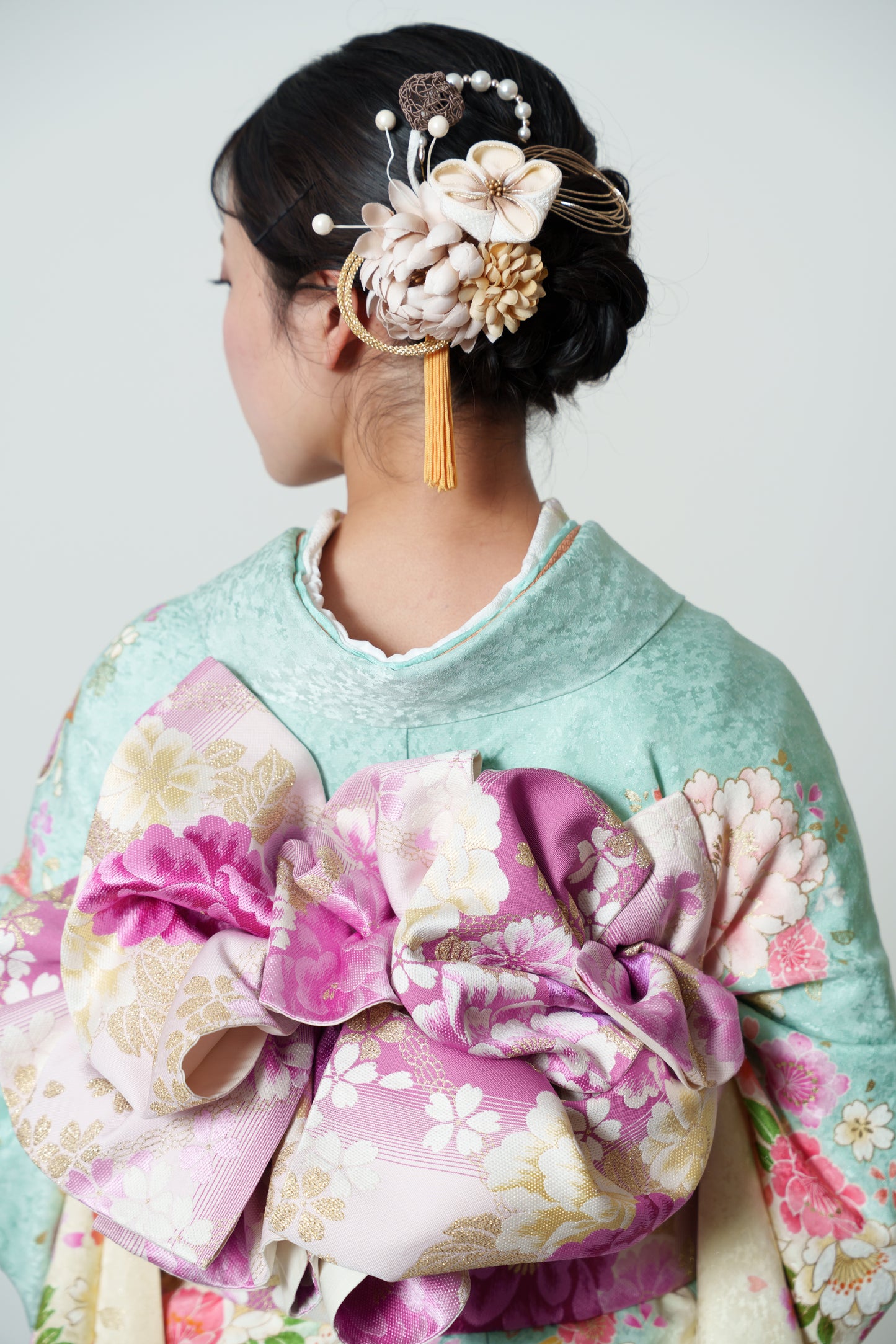 ミントグリーン　牡丹　正絹振袖【908】