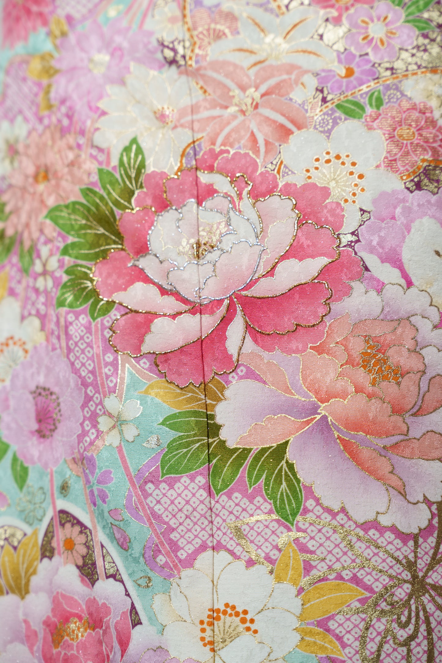 ミントグリーン　牡丹　正絹振袖【908】