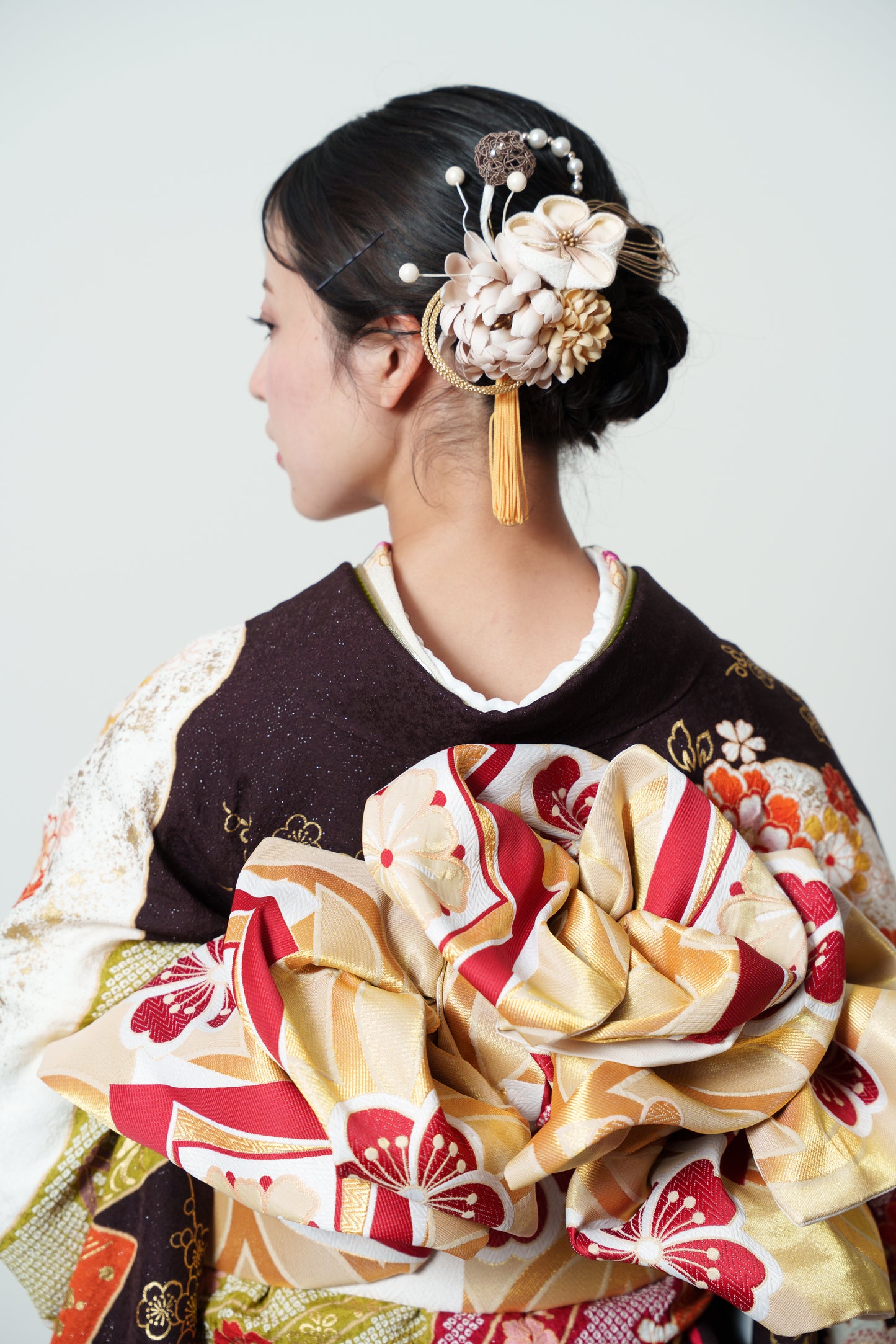 茶色絞り　菊　正絹振袖【903】