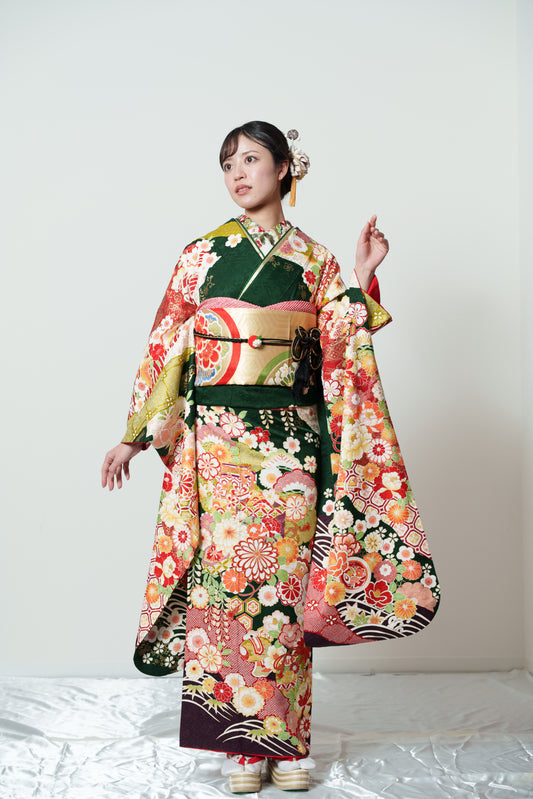 緑地　菊　貝桶　正絹振袖【898】