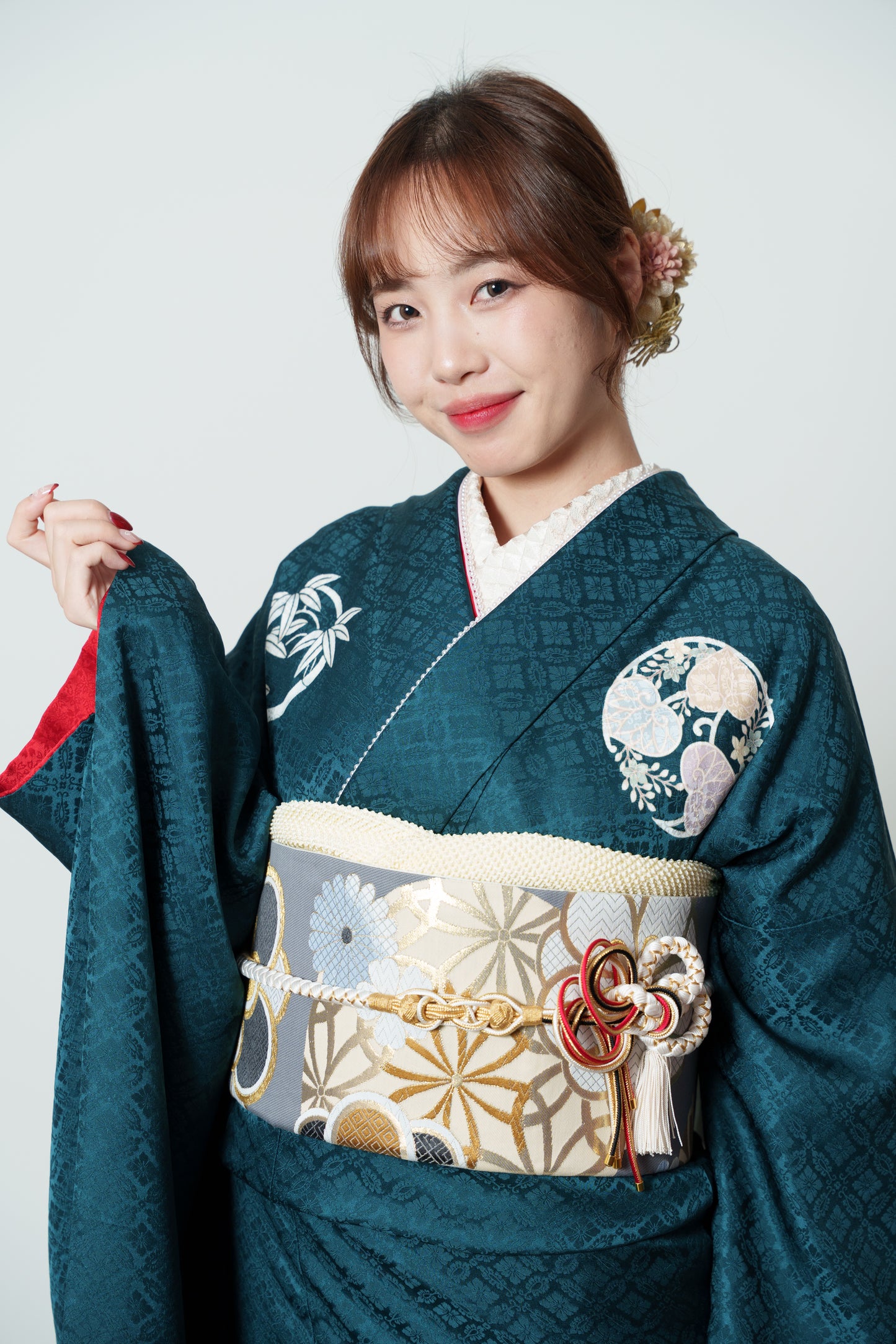 緑地　亀甲鶴　正絹振袖【891】