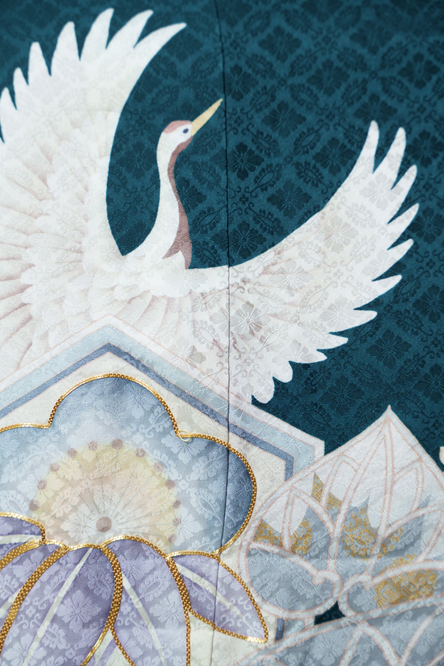 緑地　亀甲鶴　正絹振袖【891】