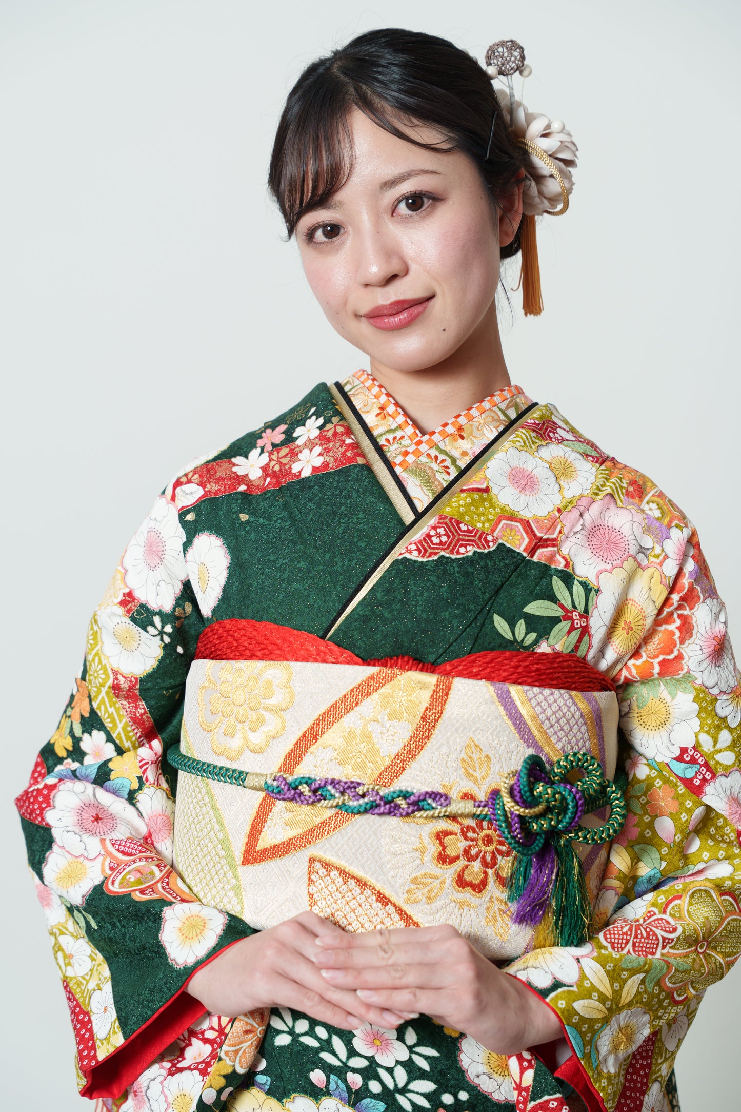 緑地　辻が花　御所車　正絹振袖【913】