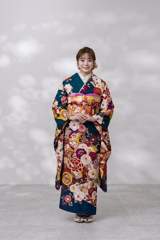 深緑地　牡丹　正絹振袖【941】