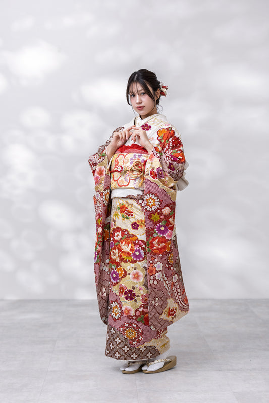 白地　鹿の子柄　正絹振袖【970】