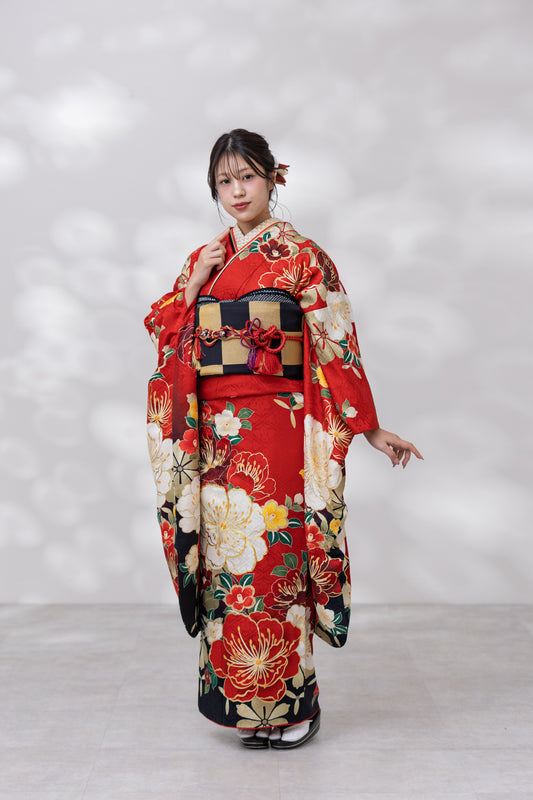 赤地　椿　正絹振袖【939】