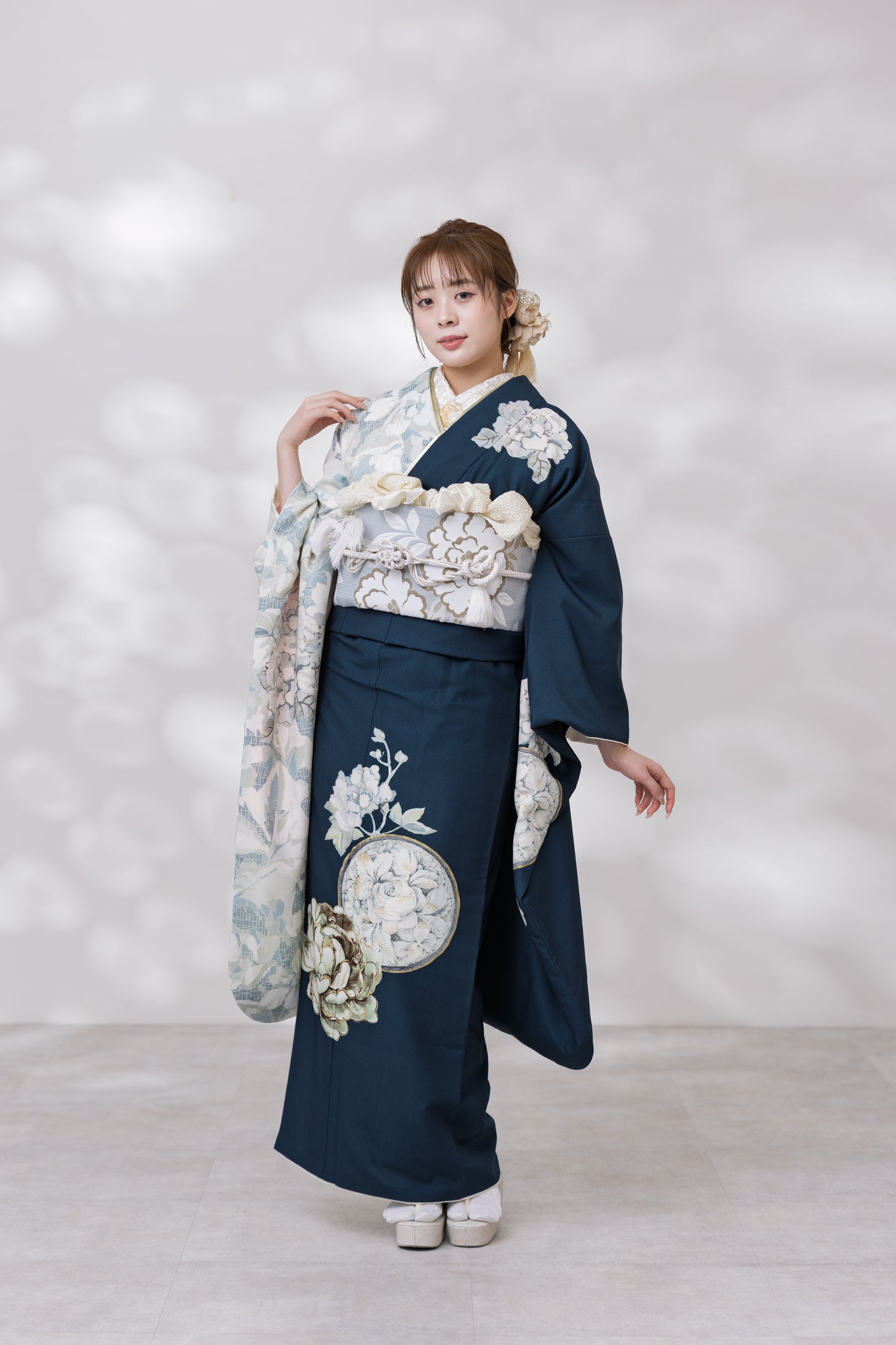 青緑地　白×ブラウン牡丹　方身代わり　【947】