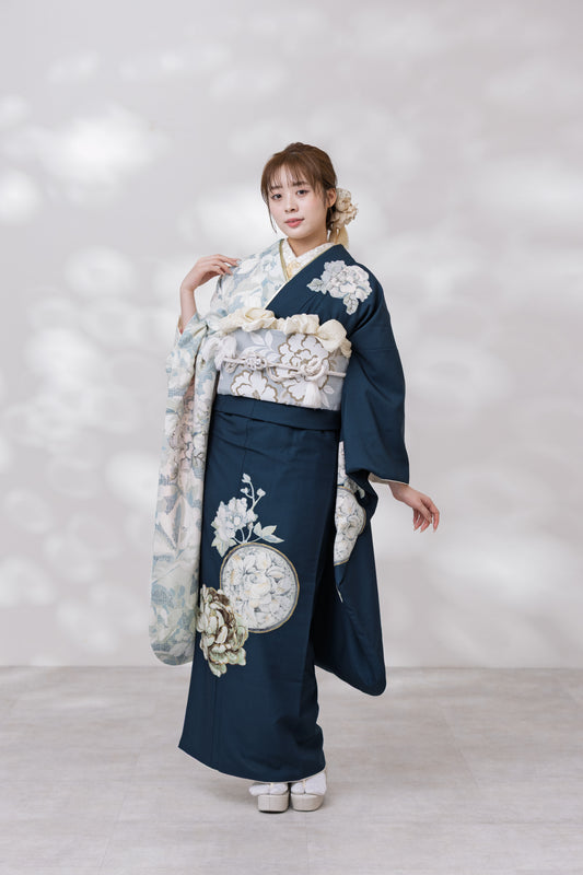 青緑地　白×ブラウン牡丹　方身代わり　【947】