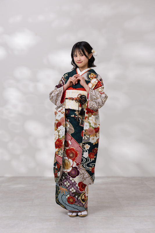 緑地　赤・白・紫梅　鹿の子　正絹振袖【956】