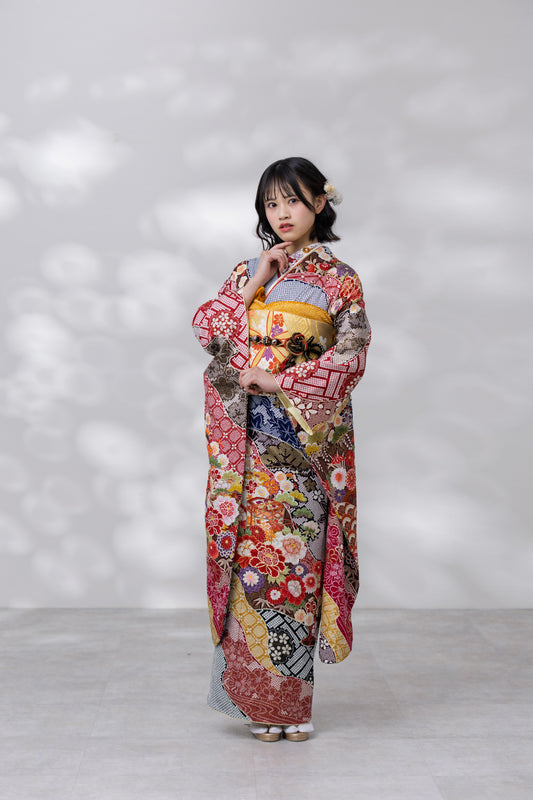 紺地　しぼり　牡丹・菊　正絹振袖【933】