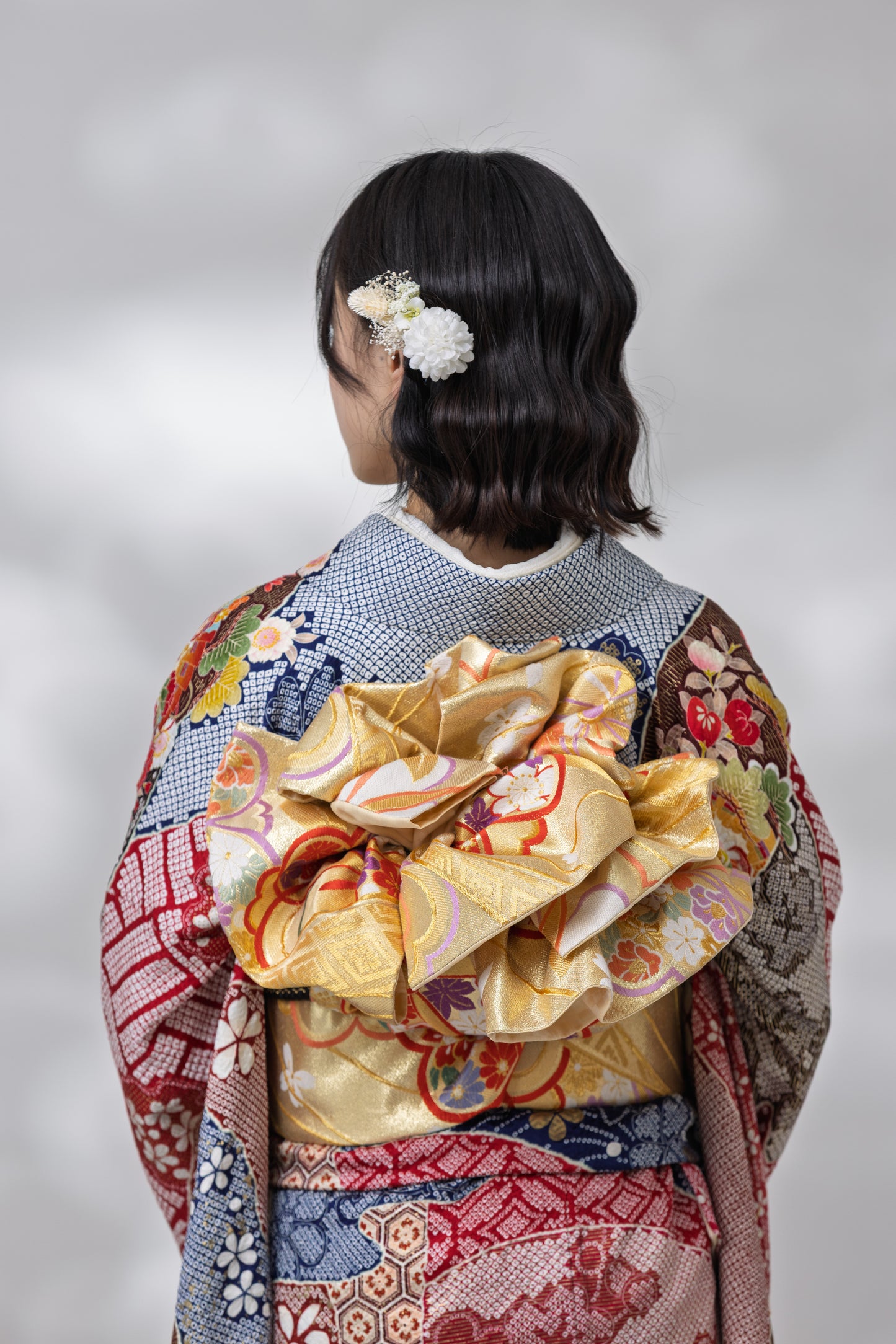 紺地　しぼり　牡丹・菊　正絹振袖【933】