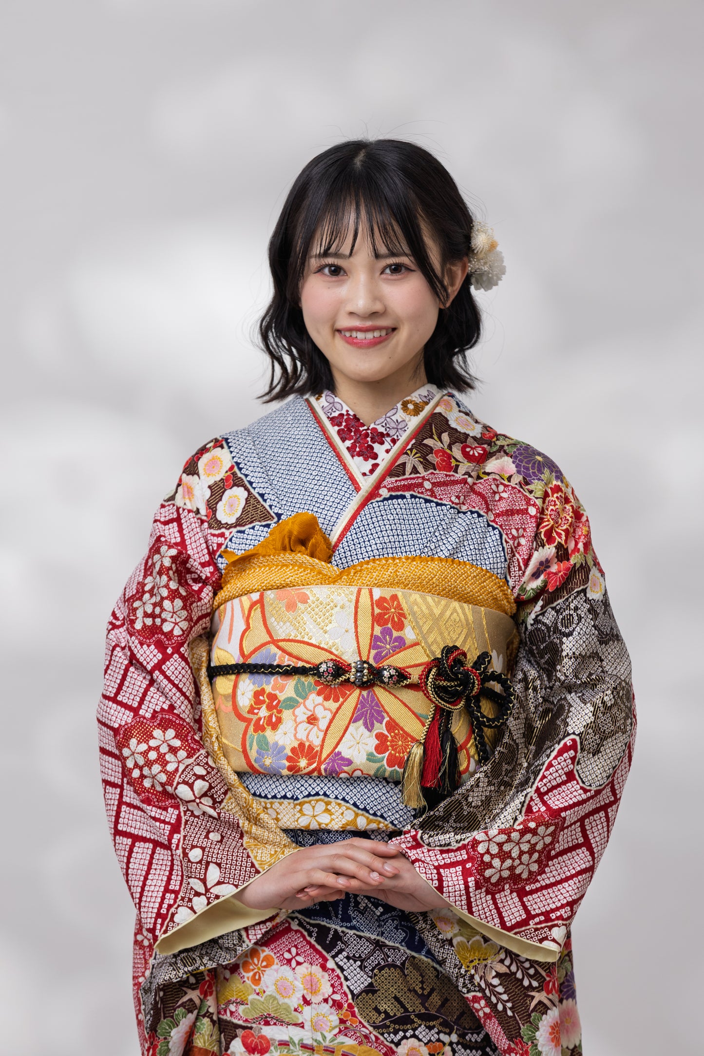 紺地　しぼり　牡丹・菊　正絹振袖【933】