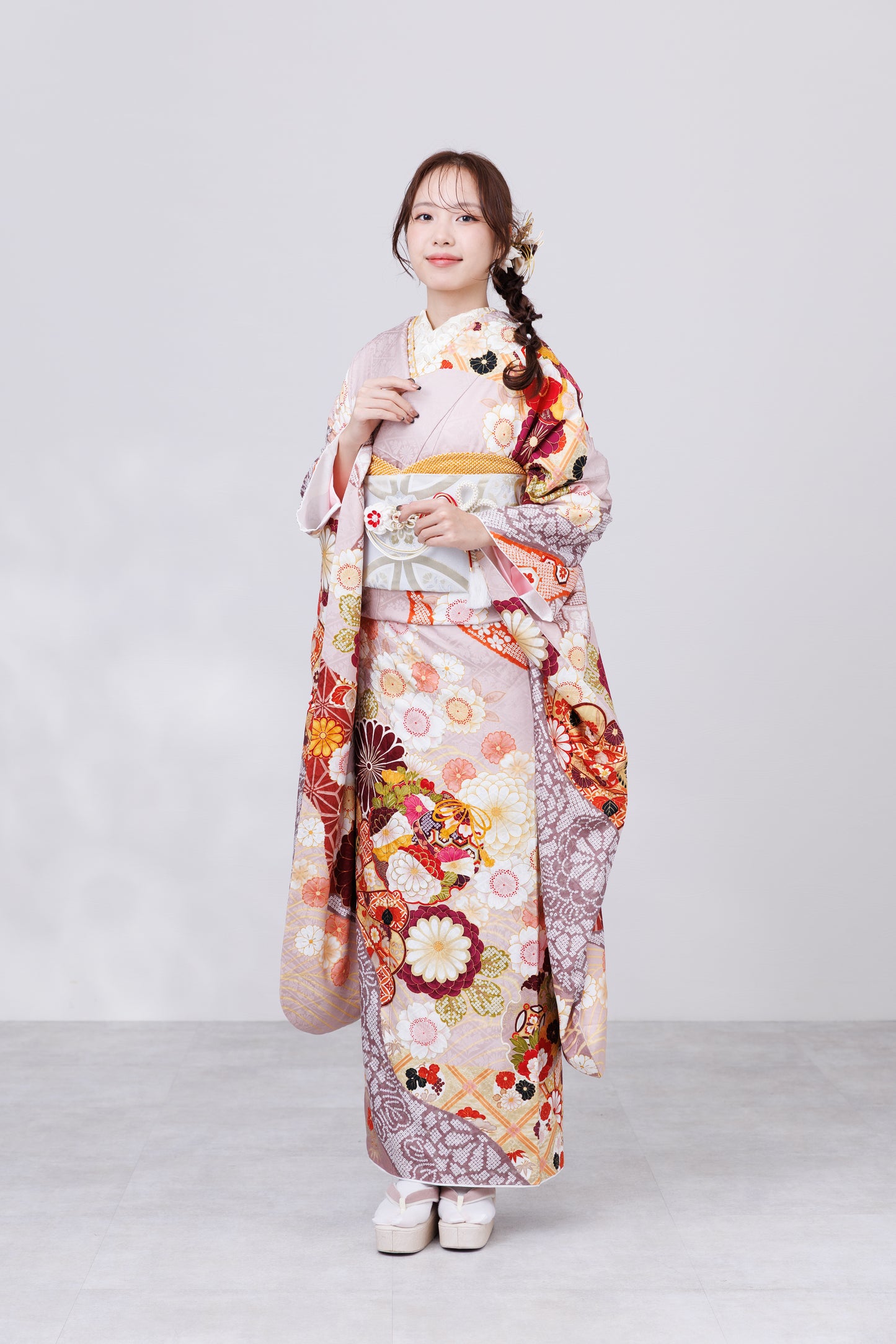 くすみピンク　丸菊　古典　正絹振袖【814】