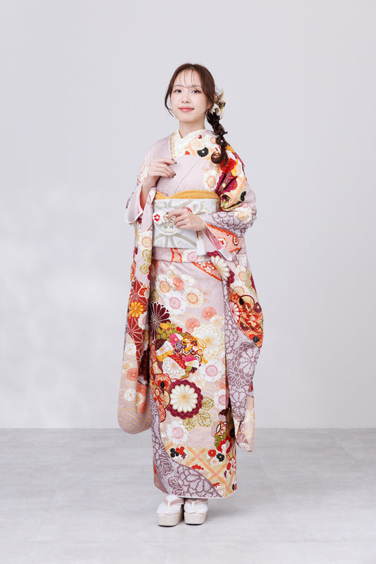 くすみピンク　丸菊　古典　正絹振袖【814】