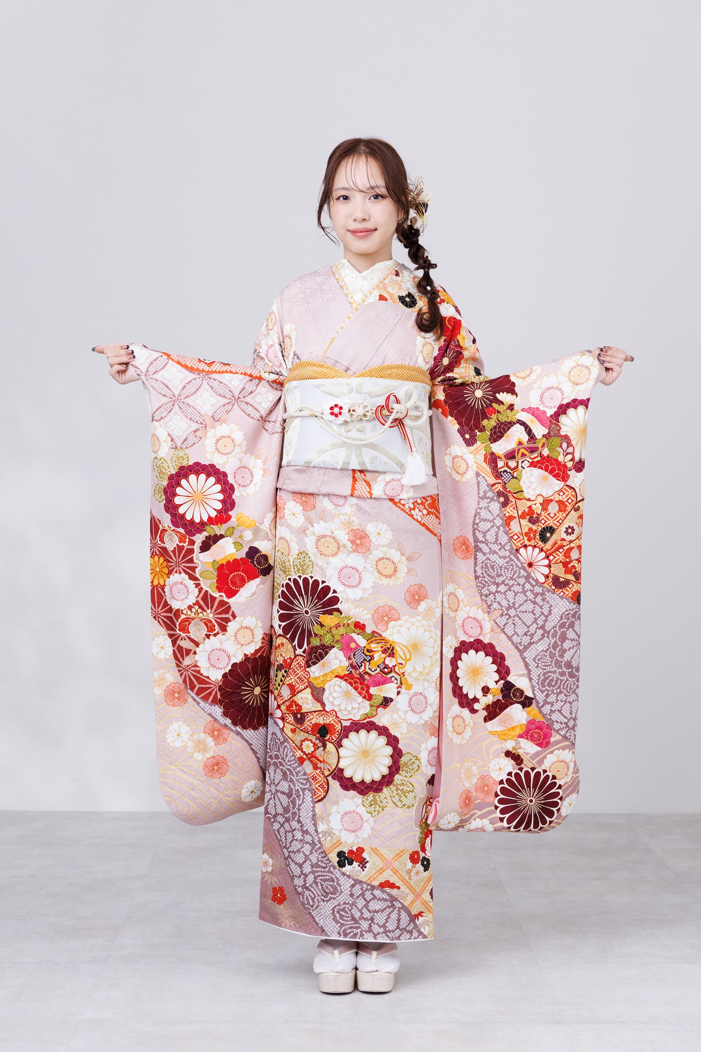 くすみピンク　丸菊　古典　正絹振袖【814】