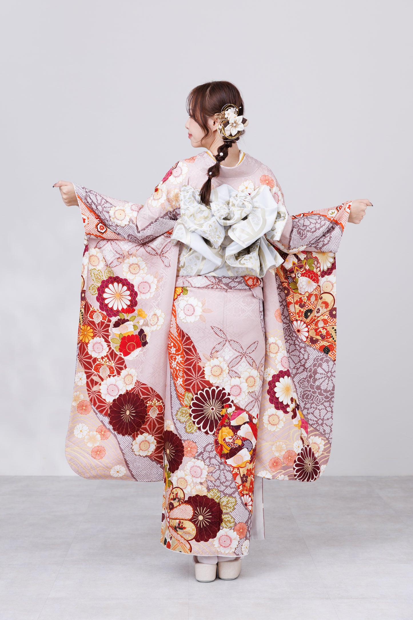 くすみピンク　丸菊　古典　正絹振袖【814】